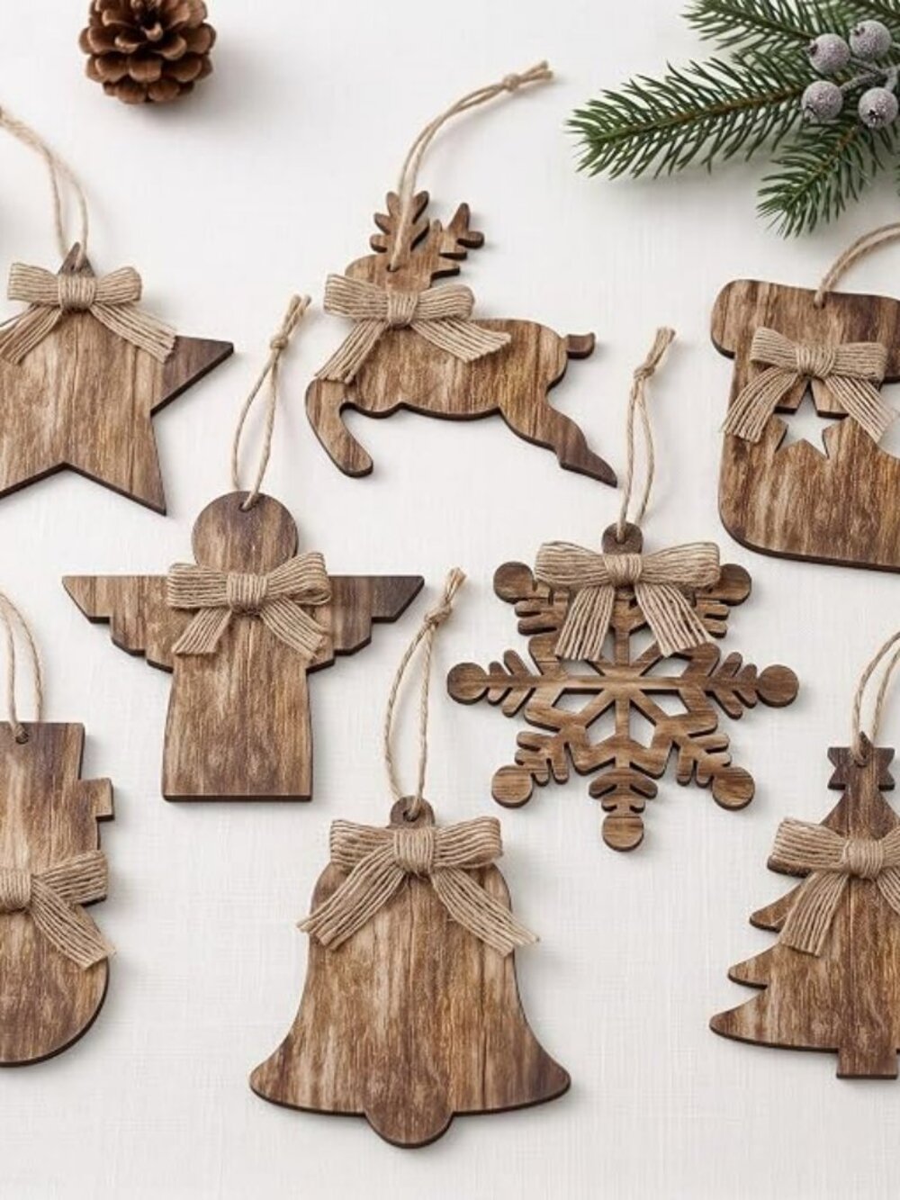 8 Pcs Rustic Christmas Tree Ornaments, Farmhouse Wooden Christmas Ornament